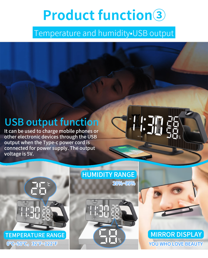 LED Digital Temp And Humidity Meter With Radio And Digital Projection Alarm Clock Black And Silver