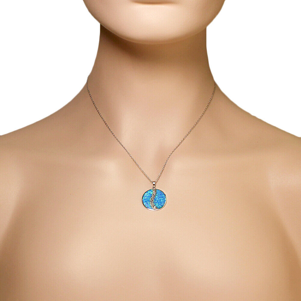 925 Sterling Silver Blue Simulated Opal Greek Key Meander Meandros Spiral Round Pendant Necklace