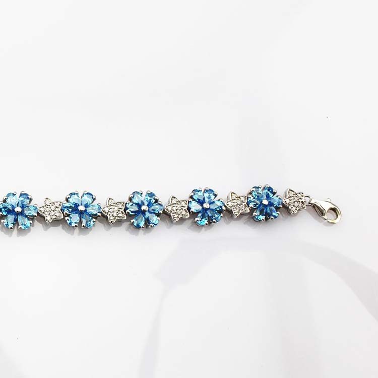 Sterling Silver Link Flower Blue Topaz Cubic Zircon Tennis Bracelet(B01BLUE)