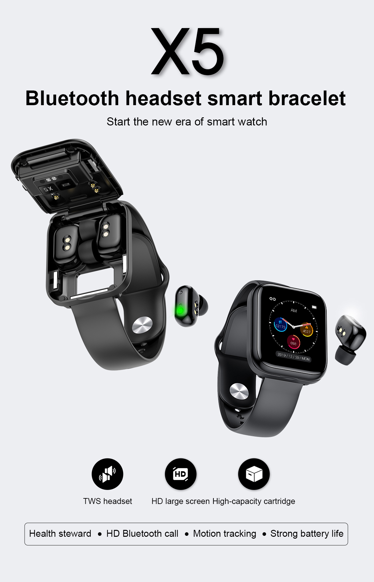 Earbuds 2 In 1 Waterproof Sports Smartwatch Bracelet Couples X5 Blood Pressure Fitness
