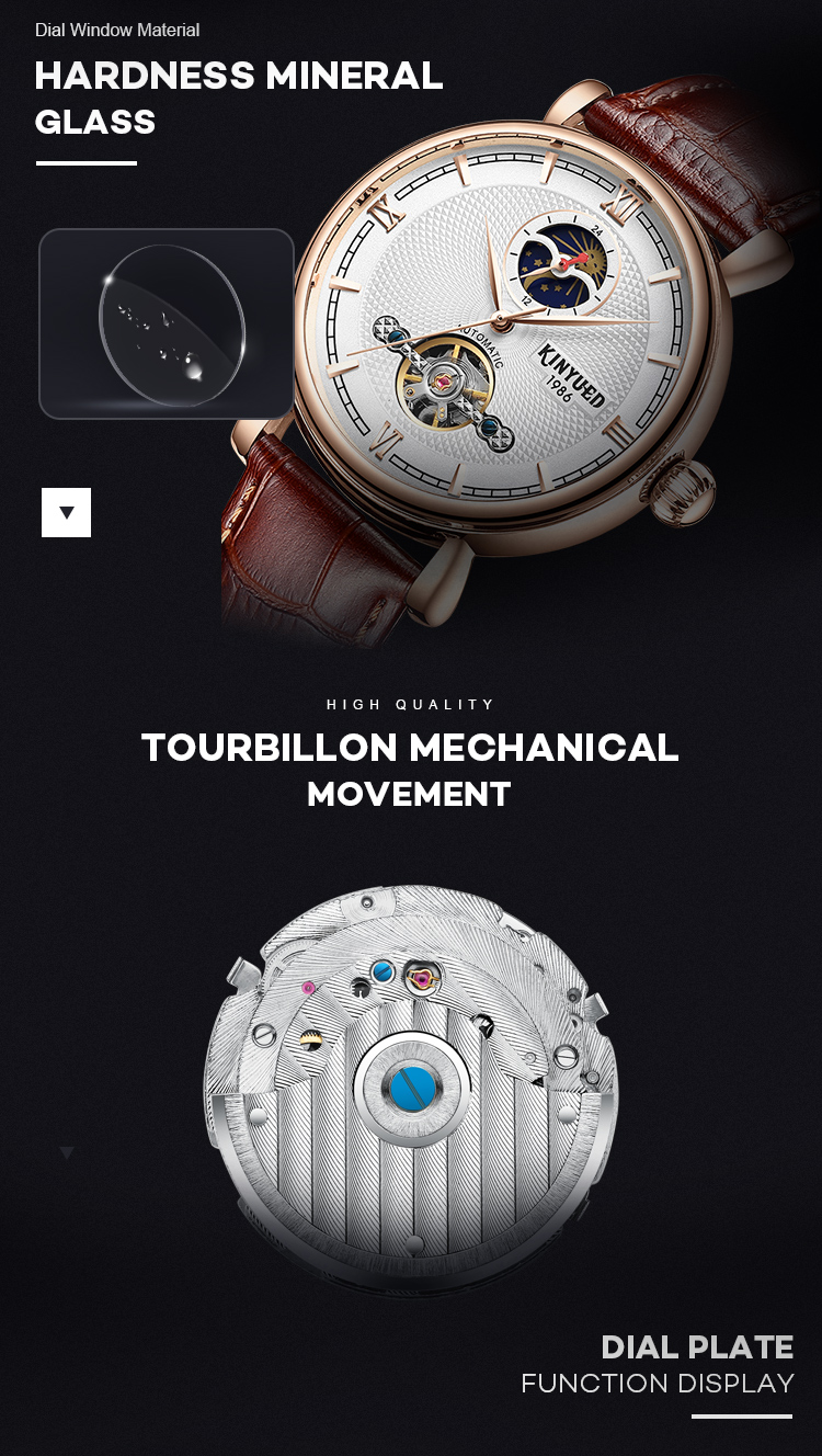 Luxury brand KINYUED water resistant watch tourbillon watch mechanical men's leather automatic