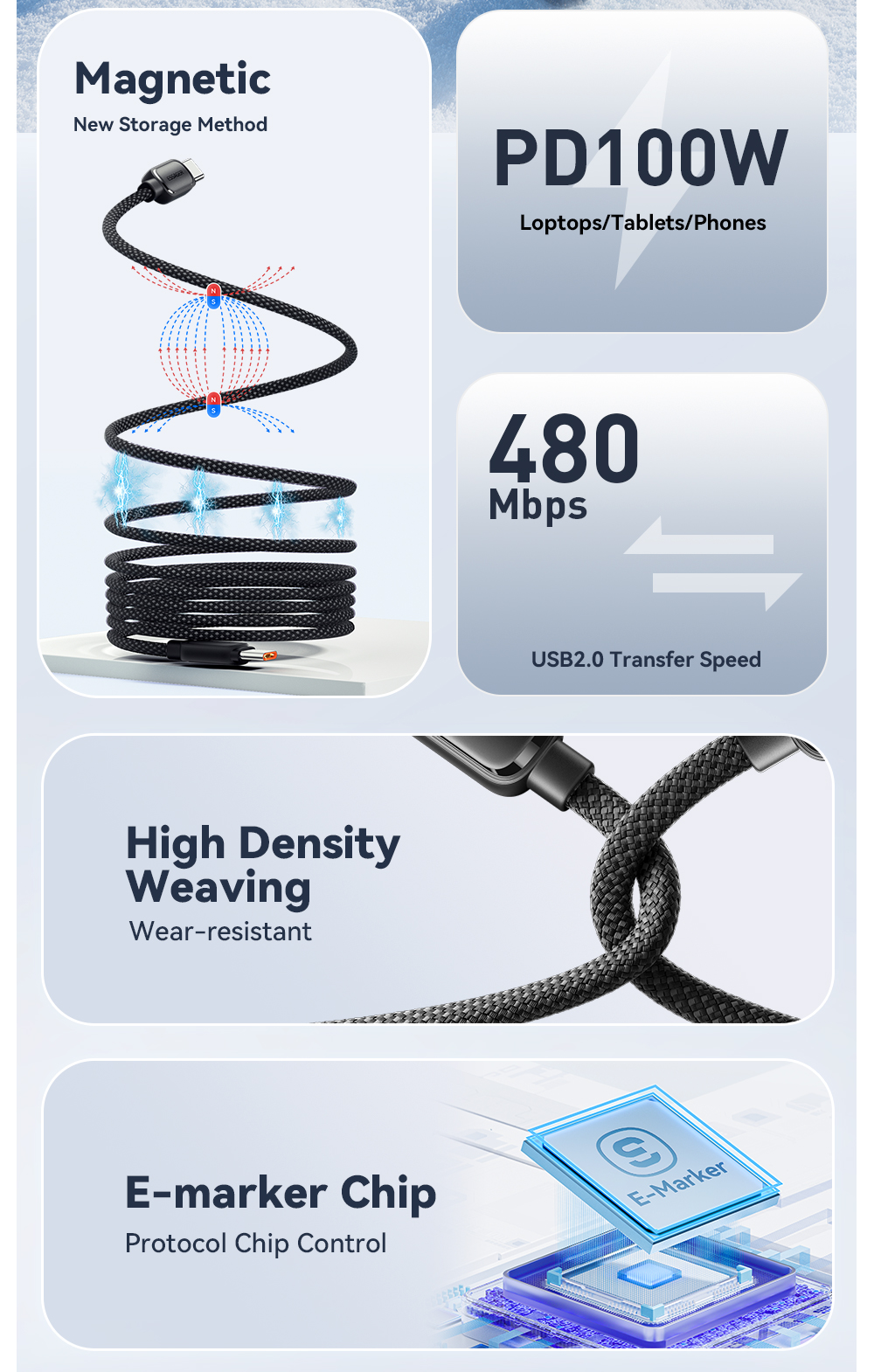 Fast Charge Magnetic Absorption Cable USB C to USB C Cord 60W 100W ES-X56 Series