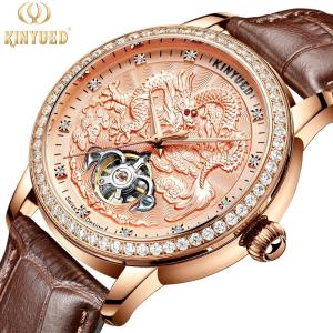 Quality KINYUED Hollow water proof Leather strap Mechanical movement men watches wholesale