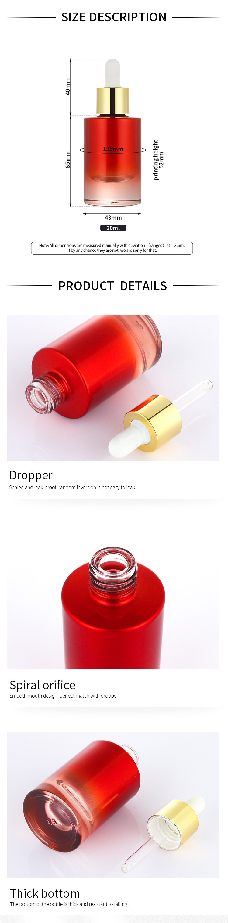 High quaity factory price ombre red mini oil cosmetics perfume liquid dropper bottle