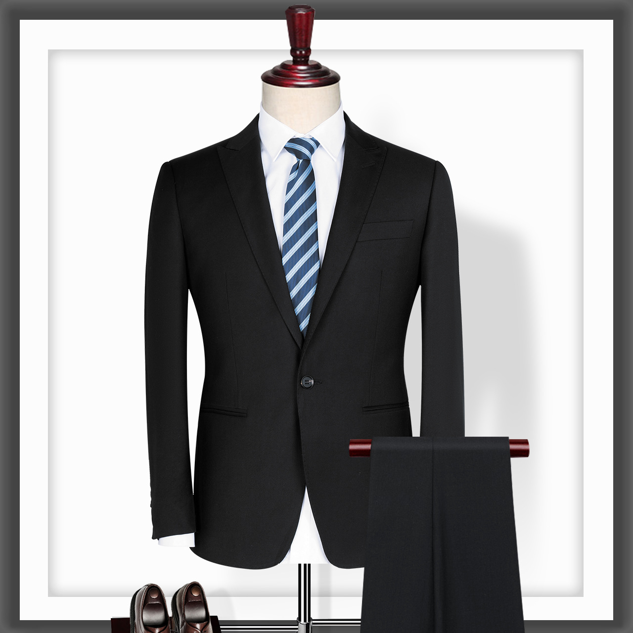 Slim Fit Black Formal Blazer Coats Suits Jacket with Flat Front Style and Mandarin Collar