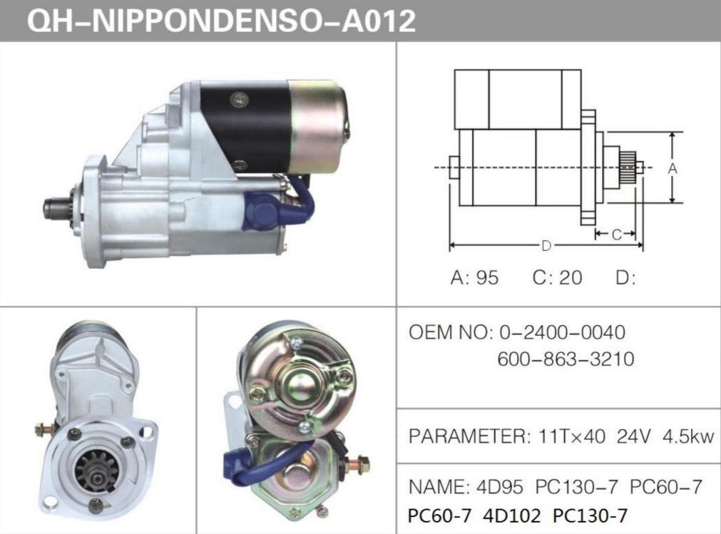 Komatsu Excavator Starter Motor PC130-7 PC60-7 4D95 4D102 11T*40