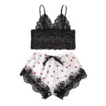 2 Pieces Sweet Heart Print Sexy Underwear Lace Short Sleeve Satin Sexy Lingerie