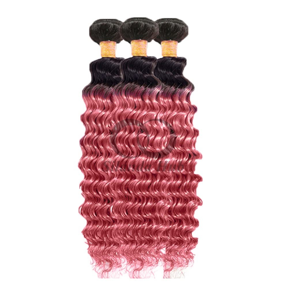 #T1B/Pink Deep Wave Remy Human Hair Bundles Sew In Weave Bundles Brazilian Bundle Deals