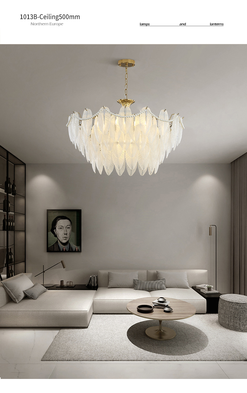 Modern Simple Pearl Feather Glass Chandelier Luxury Living Room Lamp Bedroom Dining Room White Chandelier(WHCY-253)
