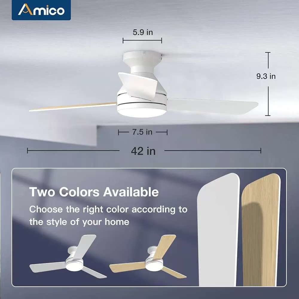 Ceiling Fans with Lights, 42 inch Low Profile Ceiling Fan with Light and Remote Control, Flush Mount, Reversible, 3CCT, Dimmable, Noiseless, White