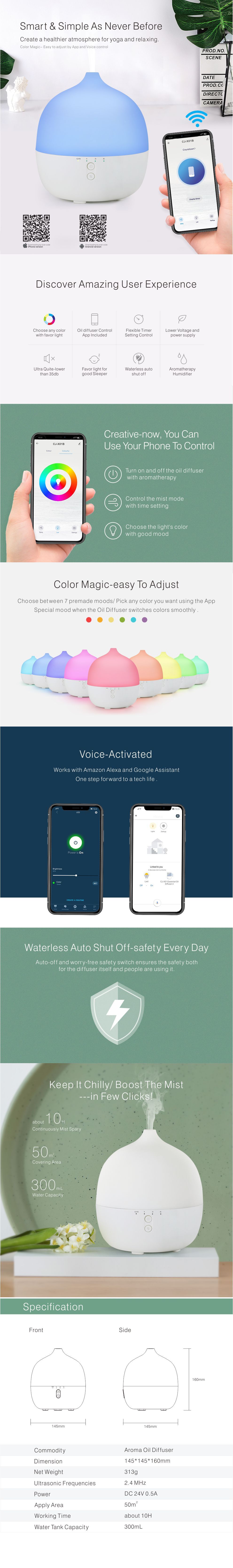 BPA Free 300ml 12W Wifi Ultrasonic Aroma Diffuser 30ml/hr
