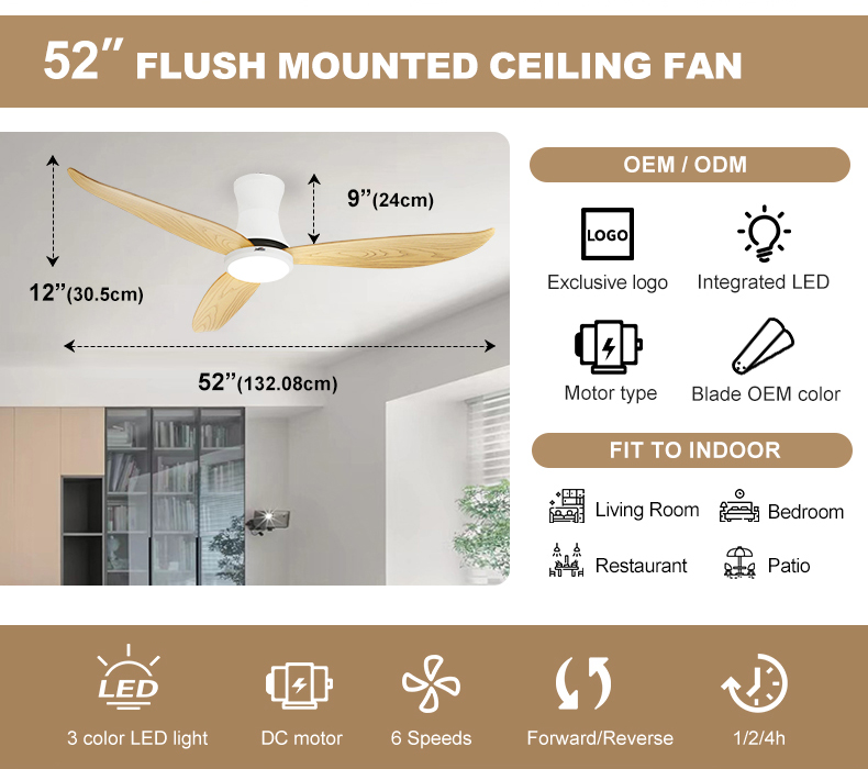 110-240V/50Hz-60Hz Input Voltage LED Ceiling Fan with Wood Grain Blades and 6 Speeds