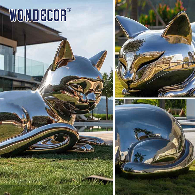 Large outdoor park metal art abstract animal cat stainless steel sculpture
