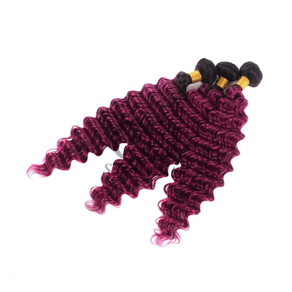 #T1B/Purple Deep Wave Remy Human Hair Bundles Sew In Weave Bundles Brazilian Bundle Deals