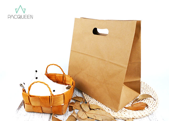 Brown Kraft Block Bottom Paper Bags Punched Handle Custom Printable