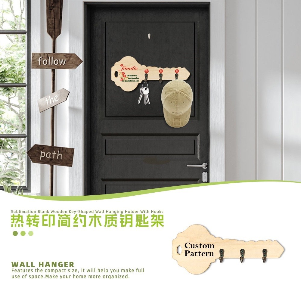 DIY Creative Sublimation Blank Wooden Key-Shaped Wall Hanging Holder With Hooks For Sublimation Photos Printing