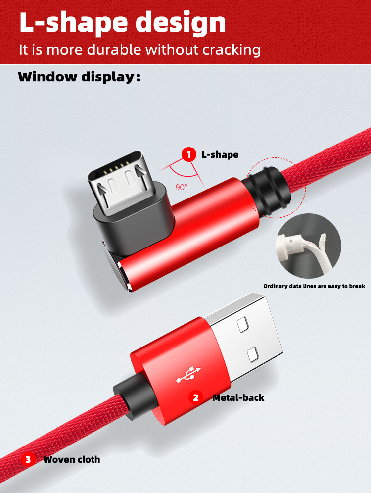 3A Micro USB Data Transfer Cable 90 Degree 3ft Micro USB Cable