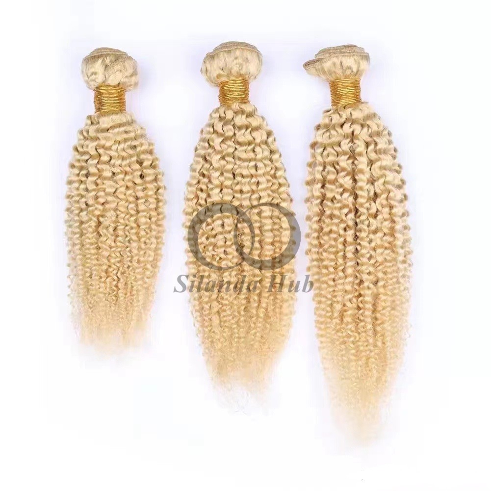 #613 Bleached Blonde Kinky Curly Remy Human Hair Bundles Sew In Weave Bundles Brazilian Bundle Deals
