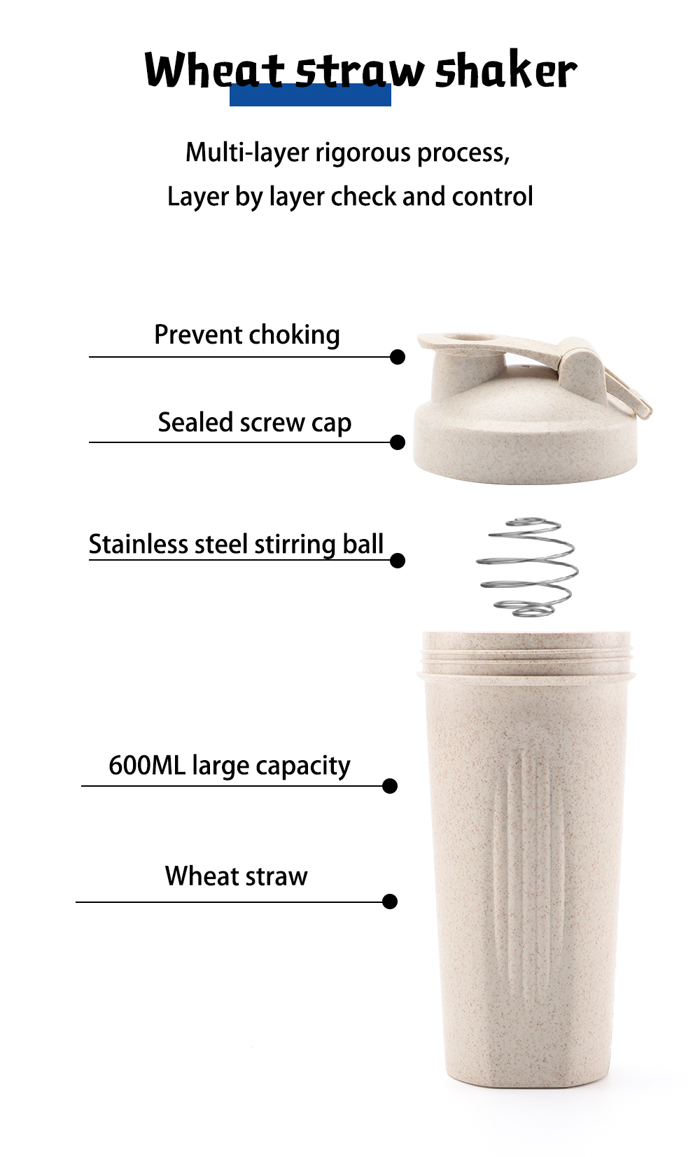 600ml Sports Environmental Protection Material Wheat Shaker Bottles Protien Shaker Bottles