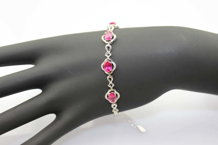 Sterling Silver Link 5x7mm Created Ruby Cubic Zircon Tennis Bracelet (H08RED)
