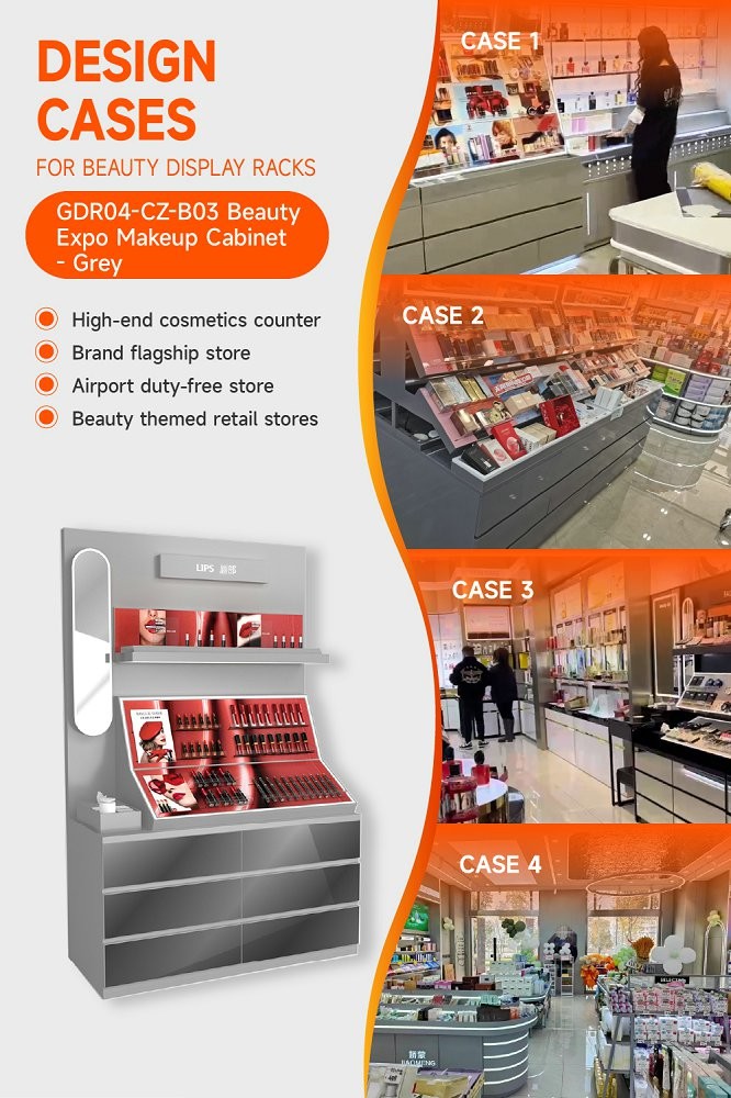 GDR04-CZ-B03 Beauty Display Rack with Soft LED Lighting and Mirrored Surfaces for Retail Counters