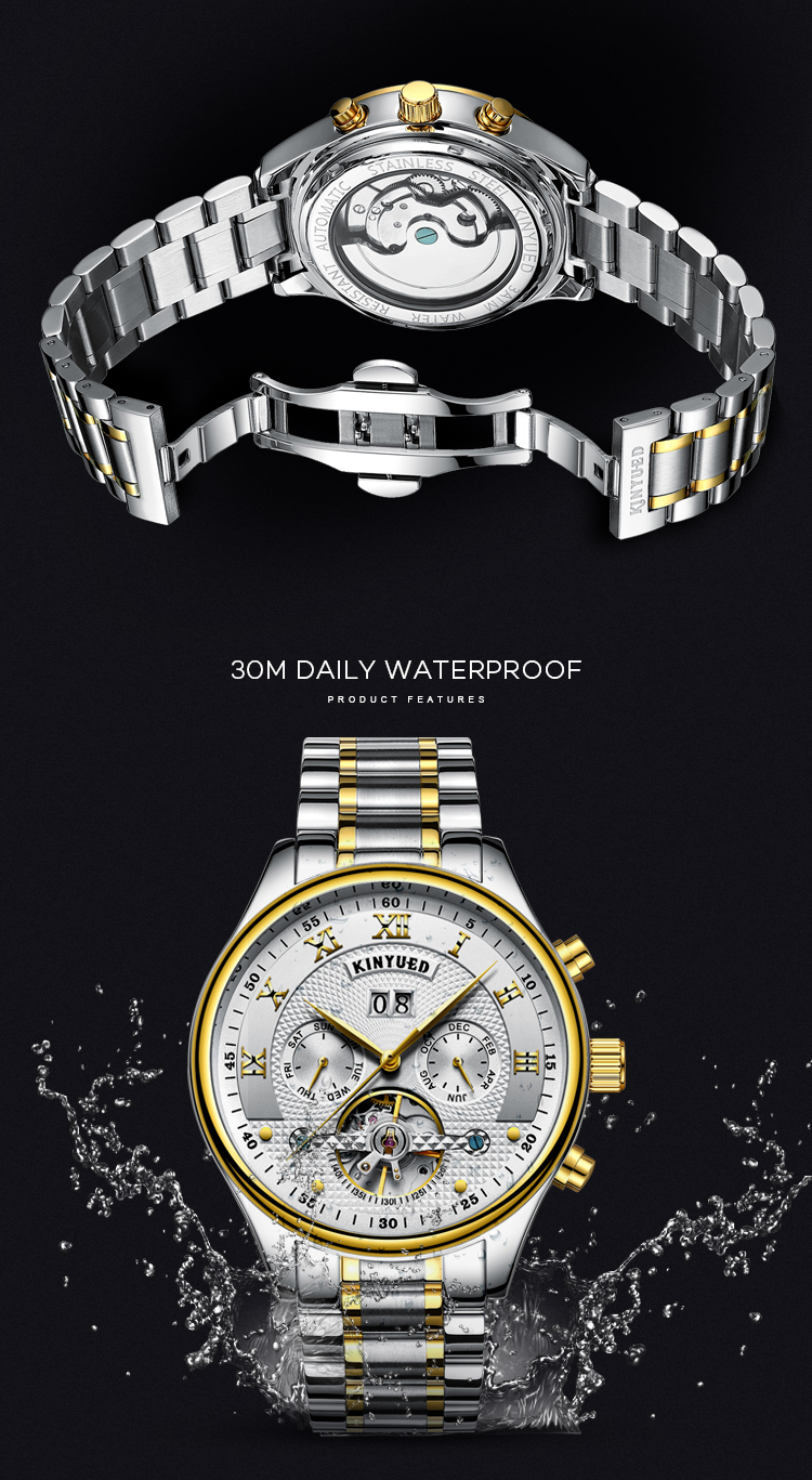 KINYUED Brand Two-Tone Gold Silver Case Automatic Movement Solid Stainless Steel Strap Waterproof Mechanical Men's Watch