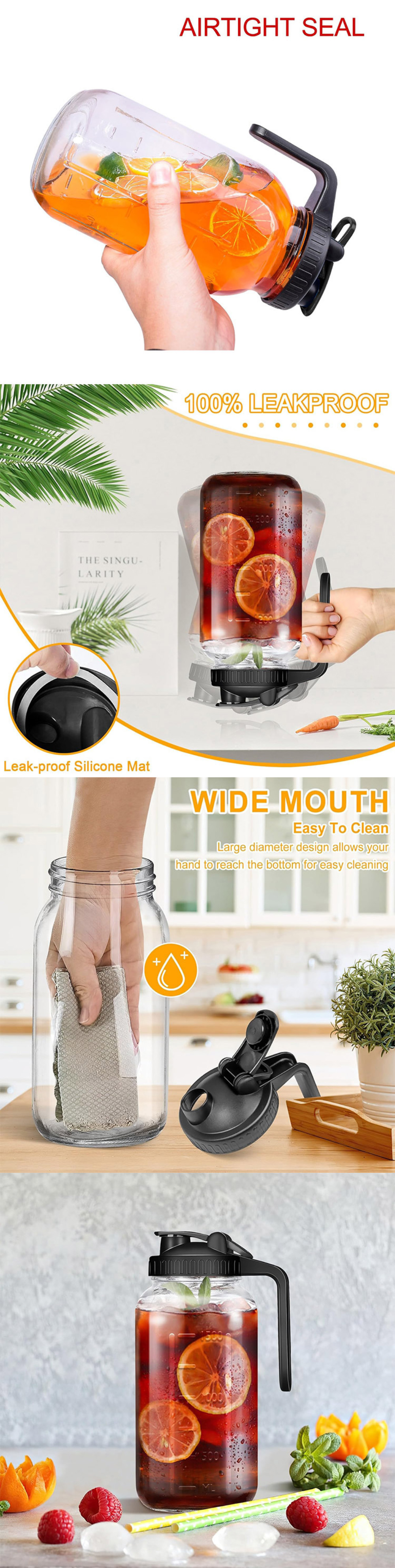 PP Plastic 64oz Ceramic Cold Brew Coffee Maker with Stainless Steel Filter and Spout Lid