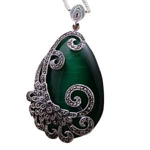 Quality 925 Silver Drop Shape Green Opal Marcasite Retro Pendant Necklace (N20180410GREEN) wholesale