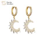 Gold Plated Diamond Star Moon Pendant Hoop Earrings Cuban Link Necklace Set