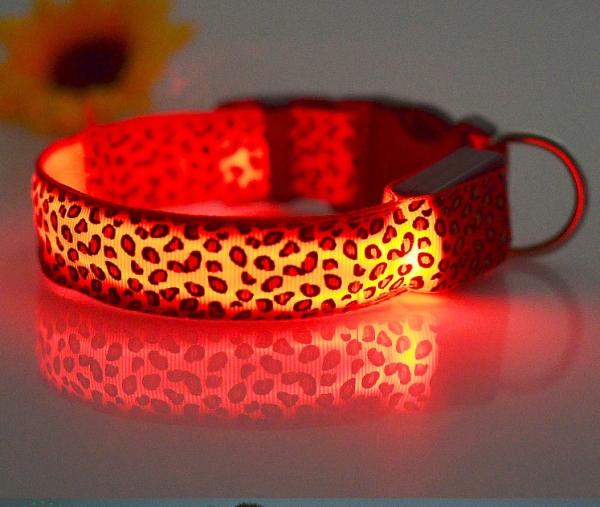 Durable leopard print dog cat safety LED light glow flashing nylon pet necklace