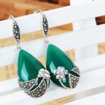 Sterling Silver Green Agate Dangle Earrings Thai Vintage Jewelry (E12037)