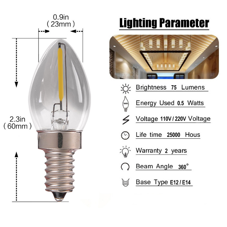 Warm White Candelabra LED Filament Bulb 2700K 2W C7 Night Light Bulb E12 E14