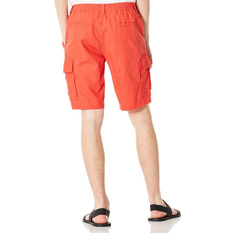 Men'S Cotton Linen Blend Cargo Shorts 9.5 Inch Inseam Shorts Drawstring Button Closure