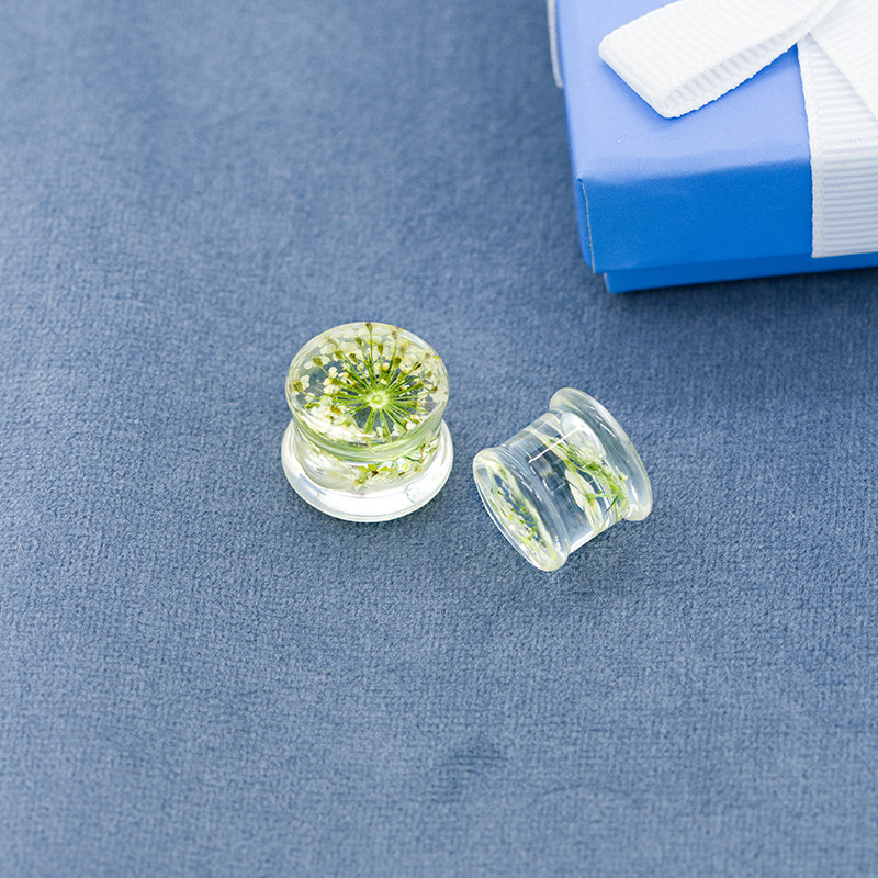 Dried Flowers Inside Ear Tunnel Piercing Jewelry Acrylic Faux Opal 2G