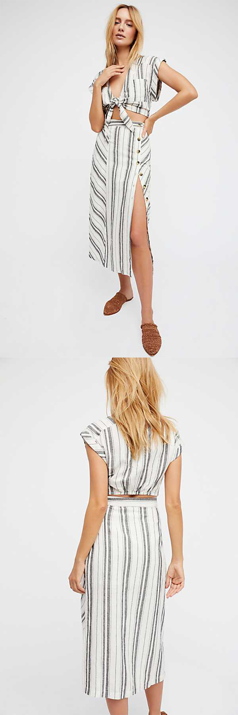 2018 Summer Clothing Deep V Neck With Split Striped Boho Dress For Women