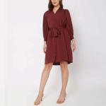 Long Sleeve Ladies Dress Button Front Knee Length Dress for Women Clothing