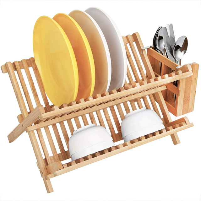 BAMBOO Rectangle Folding Plates Cups Stand Holder Collapsible Dish Drying Drainer Rack