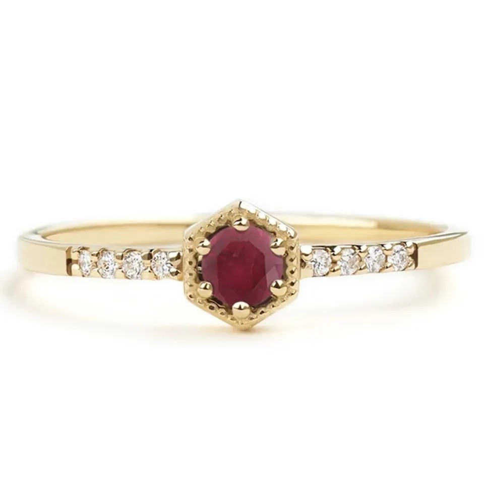 Gift Sterling Silver Natural Ruby Hexagon Minimal Engagement Ring Dainty Unique