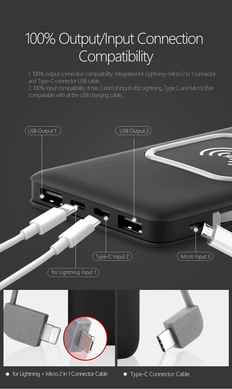 Li Polymer Battery 10000mAH 5W Wireless Charging Power Bank