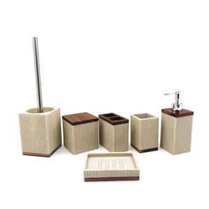 Quality ribbed Sand stone Polyresin Bathroom Accessories Set with wooden parts wholesale