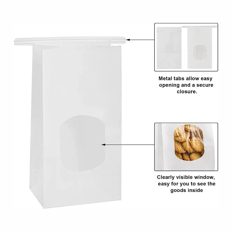 Recyclabe Easy to Fill and Open White Kraft Paper Bakery Bags with Window