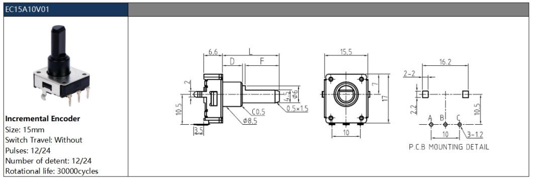 Ec15 Rotary Encoder with Plastic Shaft for Automotive Speaker Audio