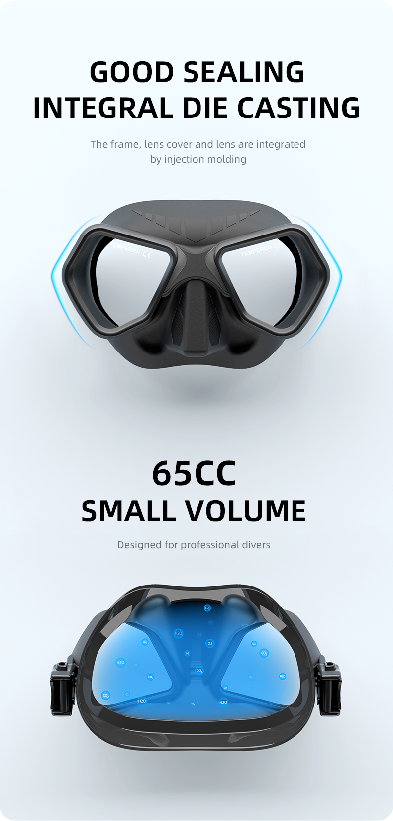 Wolf Black Diving Mask Freedive Goggles Tempered Glass 65cc