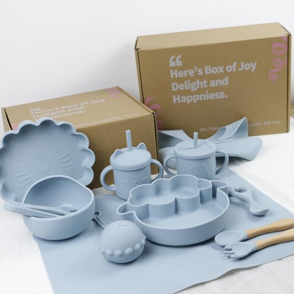 Cheap Modern Style Silicone Dinnerware Set , BPA Free Baby Silicone Plate bowl cup bib spoon fork feeding Set for sale