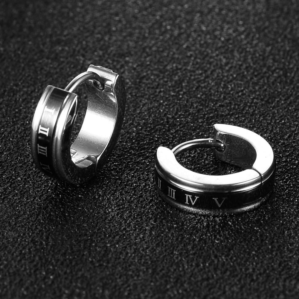 osbores Cool Stainless Steel Round Stud Earrings For Women/Men Roman numerals Pattern Silver Color Black Earrings