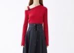 Chinese Red Single Strap Slop Shouder Womens Knit Pullover Long Sleeves Knitwear