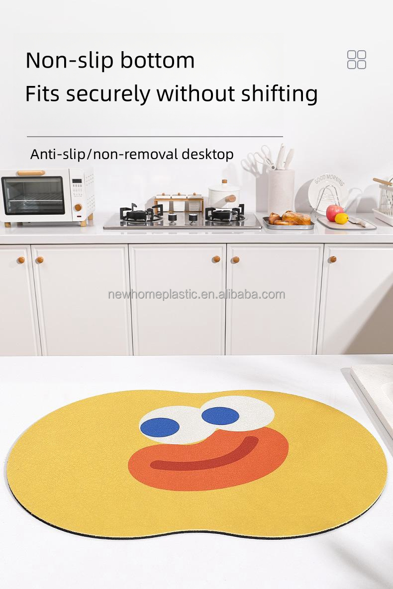 Square Waterproof Anti-Slip Kitchen Dish Draining Mat with Contemporary Cartoon Print