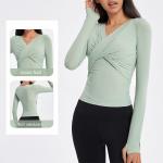 Cross Folded Ladies Yoga Tops Long Sleeve V Neck Sports Shirts With Thumb Hole
