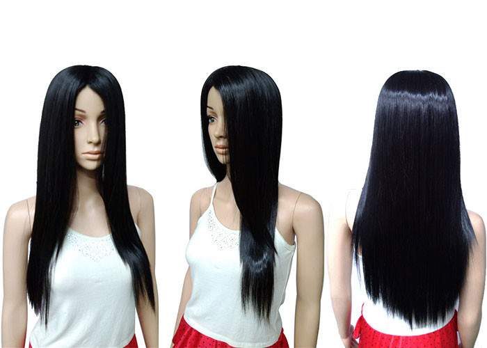 Side Bang Black Long Synthetic Wigs High Temperature Fiber Material For Young Women