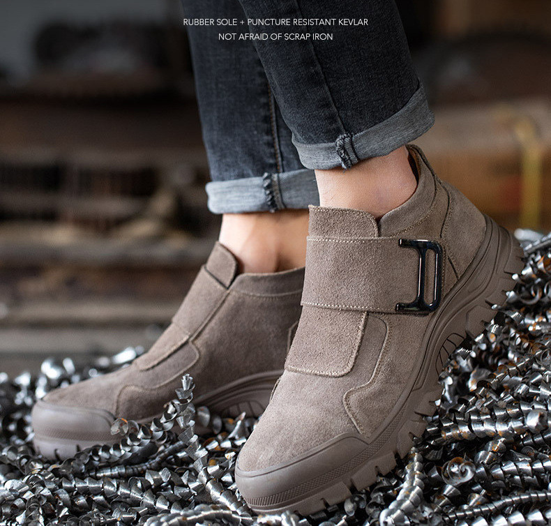 Comfortable Men's Welding Safety Shoes Suede Work Boots With Rubber Sole Felt Button Kevlar